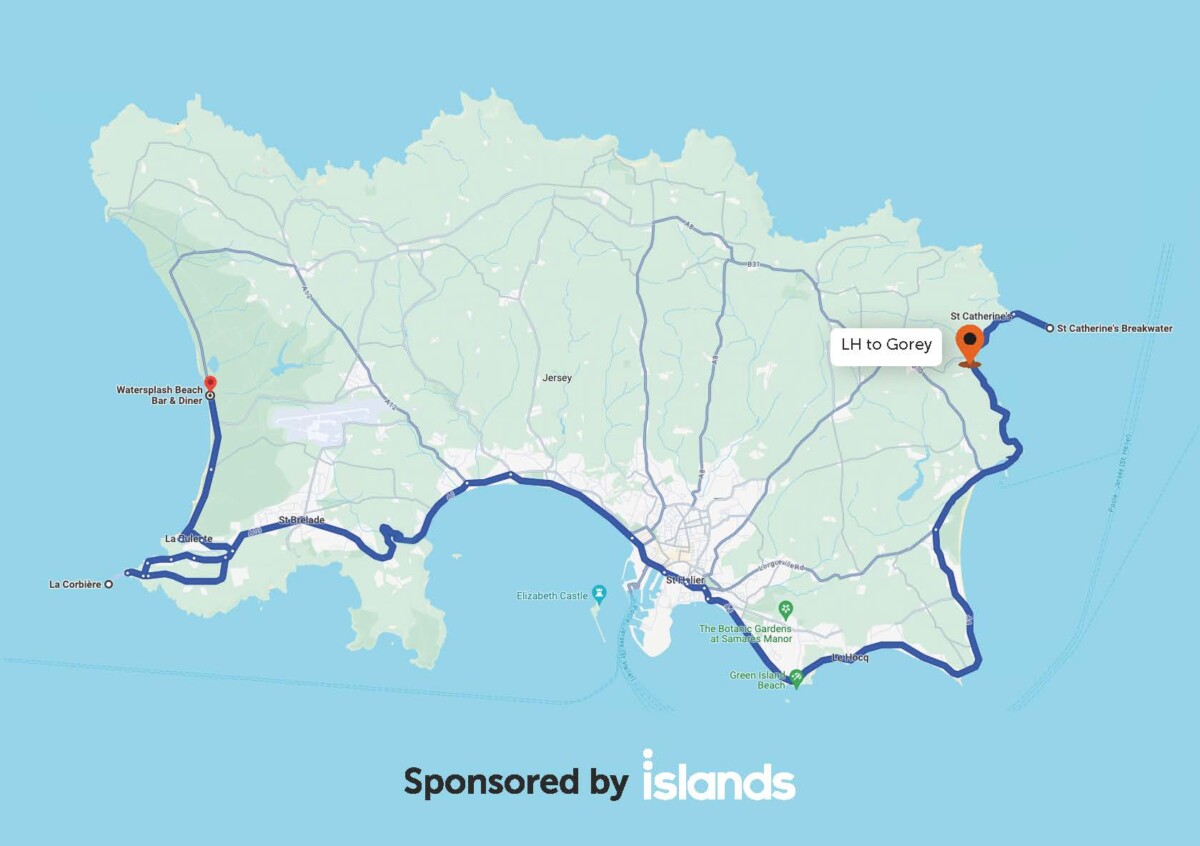 A map showing the route for the Big Ride Out 2024, a charity bike ride in Jersey supporting Holidays for Heroes Jersey, sponsored by Islands Insurance.